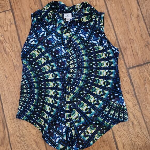 Worthington Petite-Lg blouse. sheer lightweight with pretty stain glass design - Picture 1 of 4
